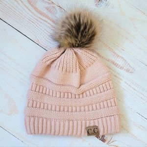 CC Boutique Light Pink Knit Faux Fur Pom Hat
